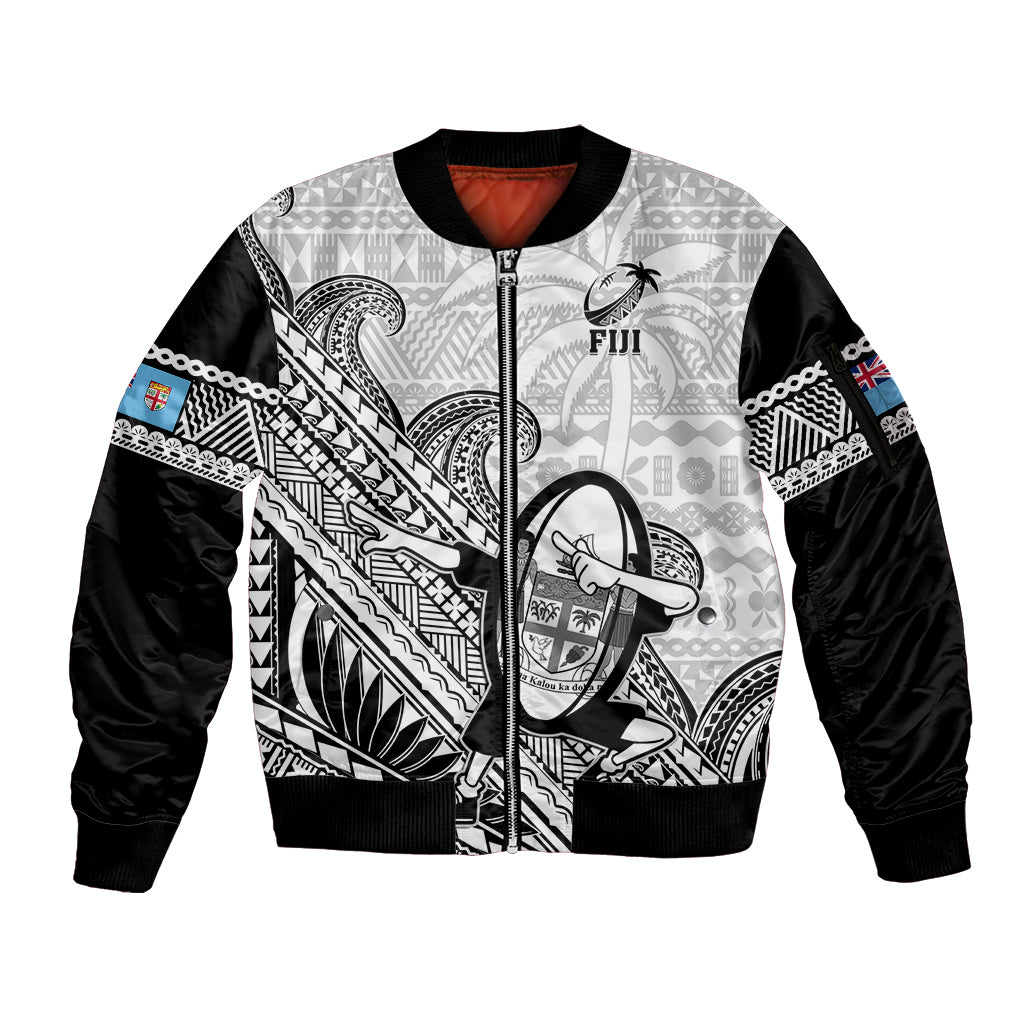 Fiji Tapa Rugby Sleeve Zip Bomber Jacket Flying Fijian 2023 World Cup With Dabbing Ball LT14 Unisex White - Polynesian Pride