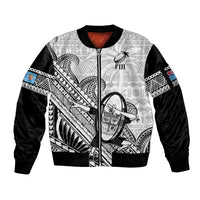 Fiji Tapa Rugby Sleeve Zip Bomber Jacket Flying Fijian 2023 World Cup With Dabbing Ball LT14 Unisex White - Polynesian Pride