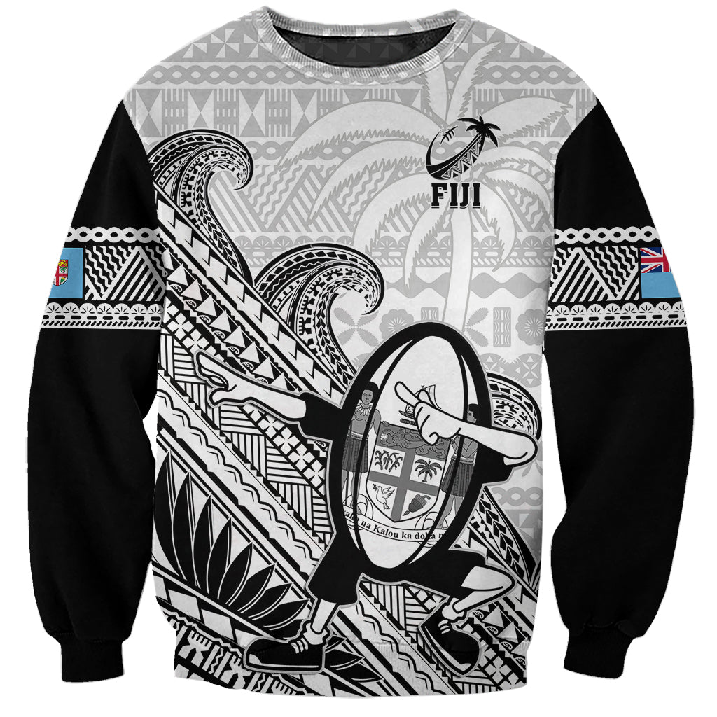 Fiji Tapa Rugby Sweatshirt Flying Fijian 2023 World Cup With Dabbing Ball LT14 Unisex White - Polynesian Pride