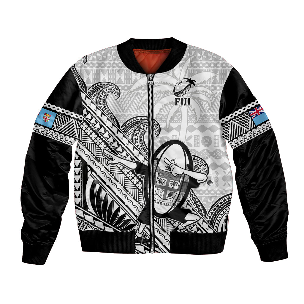 Custom Fiji Tapa Rugby Bomber Jacket Flying Fijian 2023 World Cup With Dabbing Ball LT14 Unisex White - Polynesian Pride
