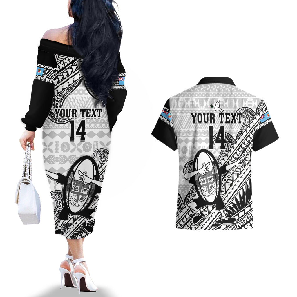 Custom Fiji Tapa Rugby Couples Matching Off The Shoulder Long Sleeve Dress and Hawaiian Shirt Flying Fijian 2023 World Cup With Dabbing Ball LT14 - Polynesian Pride