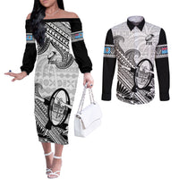 Custom Fiji Tapa Rugby Couples Matching Off The Shoulder Long Sleeve Dress and Long Sleeve Button Shirts Flying Fijian 2023 World Cup With Dabbing Ball LT14 White - Polynesian Pride