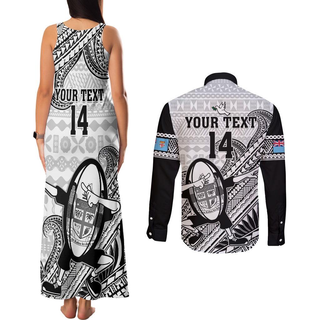 Custom Fiji Tapa Rugby Couples Matching Tank Maxi Dress and Long Sleeve Button Shirts Flying Fijian 2023 World Cup With Dabbing Ball LT14 - Polynesian Pride