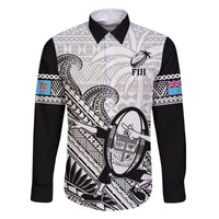 Custom Fiji Tapa Rugby Family Matching Off Shoulder Maxi Dress and Hawaiian Shirt Flying Fijian 2023 World Cup With Dabbing Ball LT14 Dad's Shirt - Long Sleeve White - Polynesian Pride