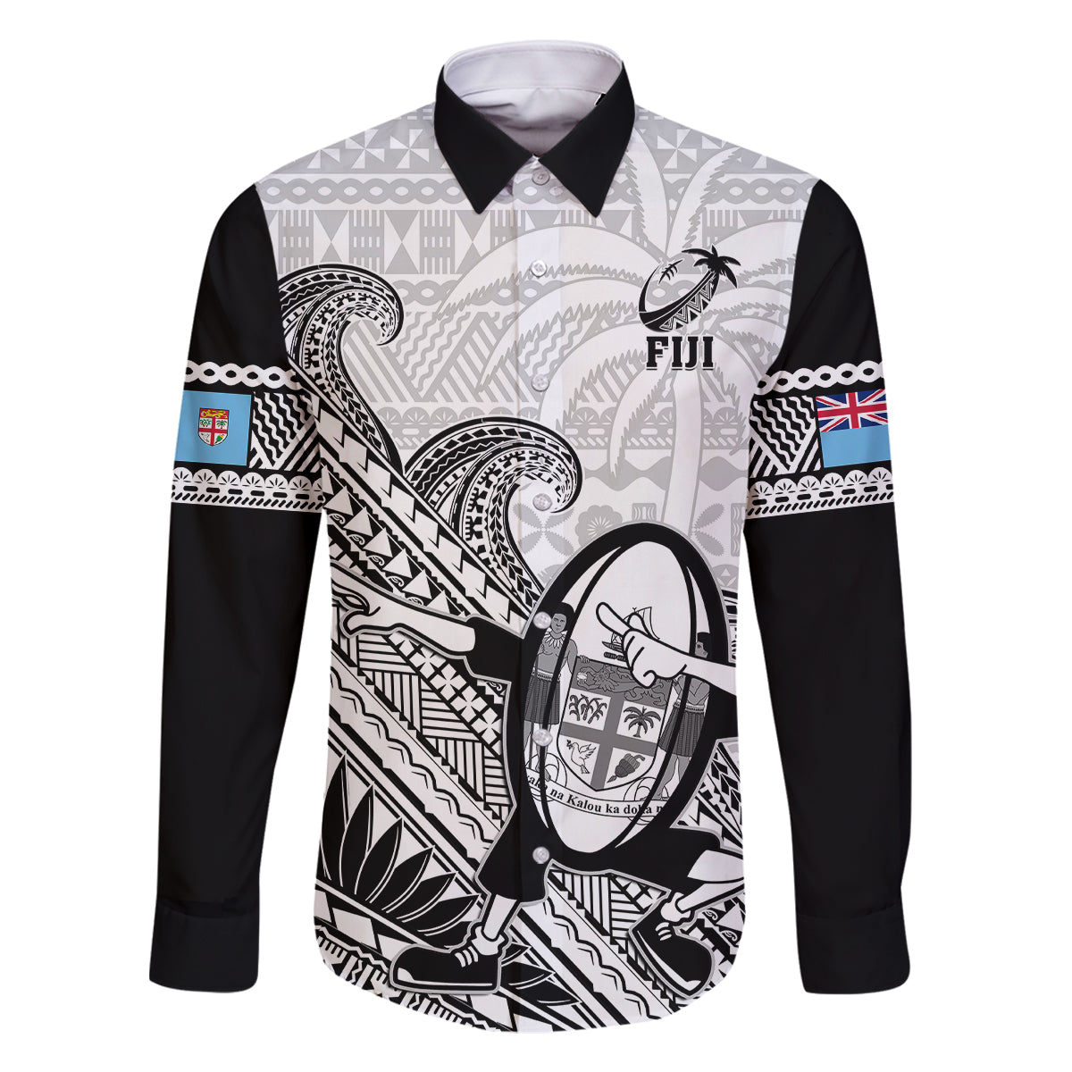 Custom Fiji Tapa Rugby Family Matching Off Shoulder Short Dress and Hawaiian Shirt Flying Fijian 2023 World Cup With Dabbing Ball LT14 Dad's Shirt - Long Sleeve White - Polynesian Pride
