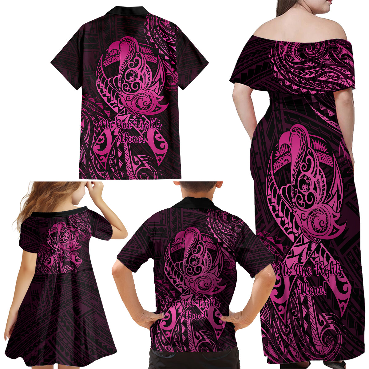 Polynesia Breast Cancer Awareness Family Matching Off Shoulder Maxi Dress and Hawaiian Shirt No One Fights Alone Pink Ribbon With Butterfly LT14 - Polynesian Pride