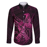 Polynesia Breast Cancer Awareness Family Matching Off Shoulder Maxi Dress and Hawaiian Shirt No One Fights Alone Pink Ribbon With Butterfly LT14 Dad's Shirt - Long Sleeve Pink - Polynesian Pride