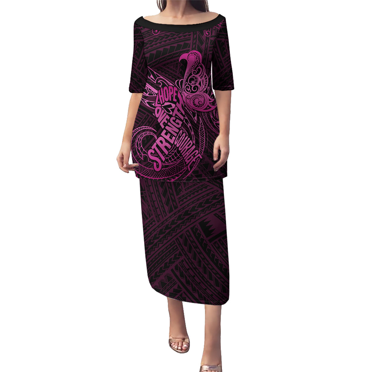 Polynesia Breast Cancer Awareness Family Matching Puletasi Dress and Hawaiian Shirt No One Fights Alone Pink Ribbon With Butterfly LT14 Mom's Dress Pink - Polynesian Pride