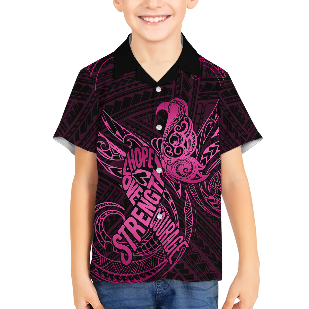 Polynesia Breast Cancer Awareness Family Matching Tank Maxi Dress and Hawaiian Shirt No One Fights Alone Pink Ribbon With Butterfly LT14 Son's Shirt Pink - Polynesian Pride
