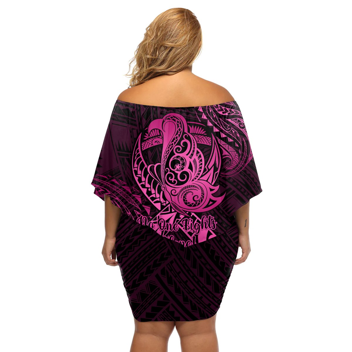 Polynesia Breast Cancer Awareness Off Shoulder Short Dress No One Fights Alone Pink Ribbon With Butterfly LT14 - Polynesian Pride