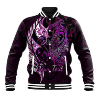 Personalised New Zealand Breast Cancer Baseball Jacket Fight Like A Girl Pink Manaia Fern With Paua Shell LT14 Unisex Pink - Polynesian Pride