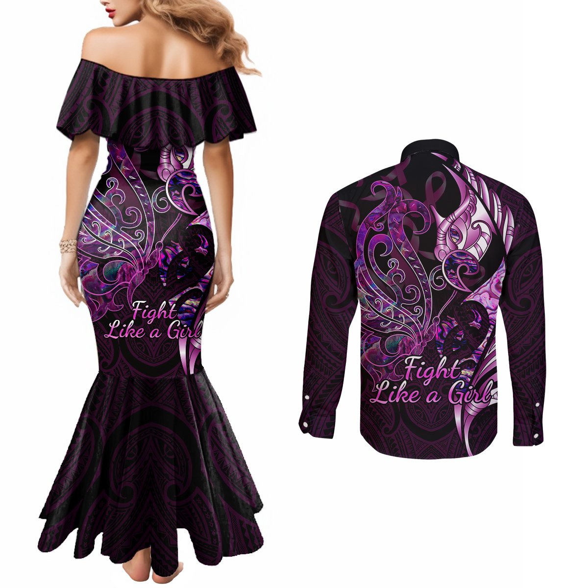 Personalised New Zealand Breast Cancer Couples Matching Mermaid Dress and Long Sleeve Button Shirts Fight Like A Girl Pink Manaia Fern With Paua Shell LT14 - Polynesian Pride