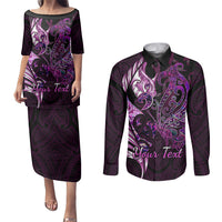 Personalised New Zealand Breast Cancer Couples Matching Puletasi Dress and Long Sleeve Button Shirts Fight Like A Girl Pink Manaia Fern With Paua Shell LT14 Pink - Polynesian Pride
