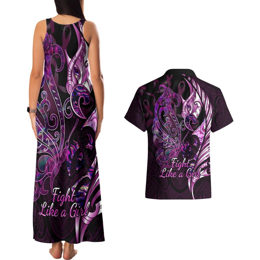 Personalised New Zealand Breast Cancer Couples Matching Tank Maxi Dress and Hawaiian Shirt Fight Like A Girl Pink Manaia Fern With Paua Shell LT14 - Polynesian Pride