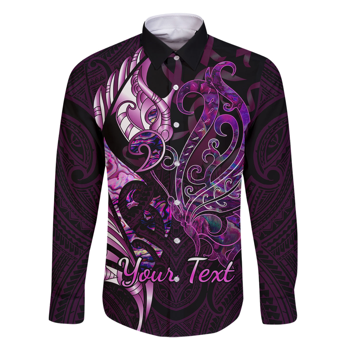 Personalised New Zealand Breast Cancer Family Matching Off Shoulder Long Sleeve Dress and Hawaiian Shirt Fight Like A Girl Pink Manaia Fern With Paua Shell LT14 Dad's Shirt - Long Sleeve Pink - Polynesian Pride