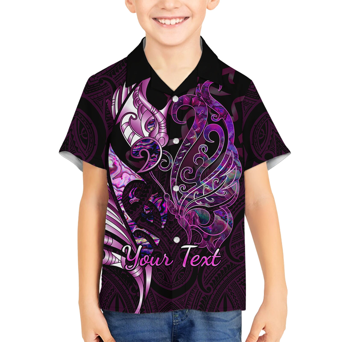 Personalised New Zealand Breast Cancer Family Matching Off Shoulder Short Dress and Hawaiian Shirt Fight Like A Girl Pink Manaia Fern With Paua Shell LT14 Son's Shirt Pink - Polynesian Pride