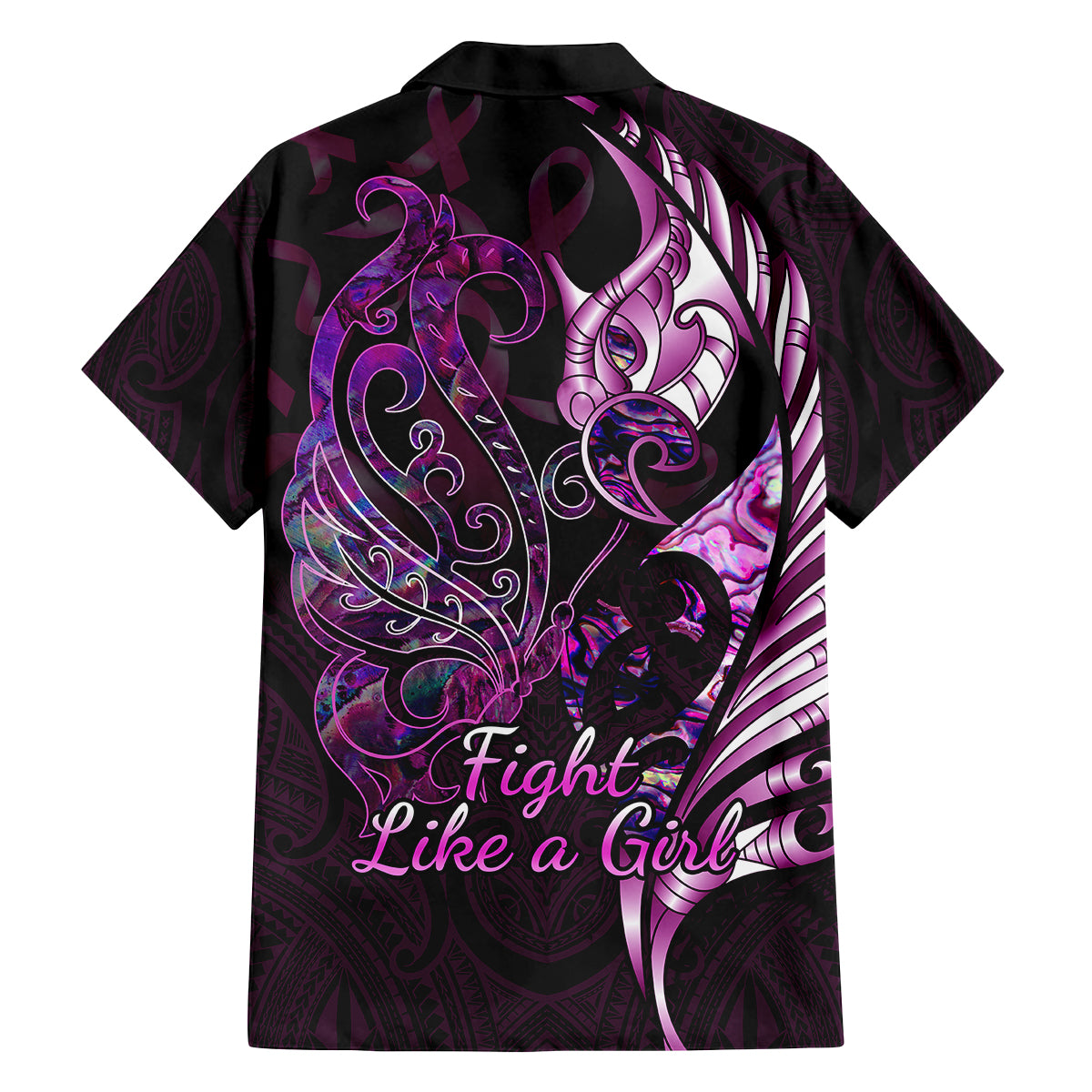 Personalised New Zealand Breast Cancer Family Matching Short Sleeve Bodycon Dress and Hawaiian Shirt Fight Like A Girl Pink Manaia Fern With Paua Shell LT14 - Polynesian Pride