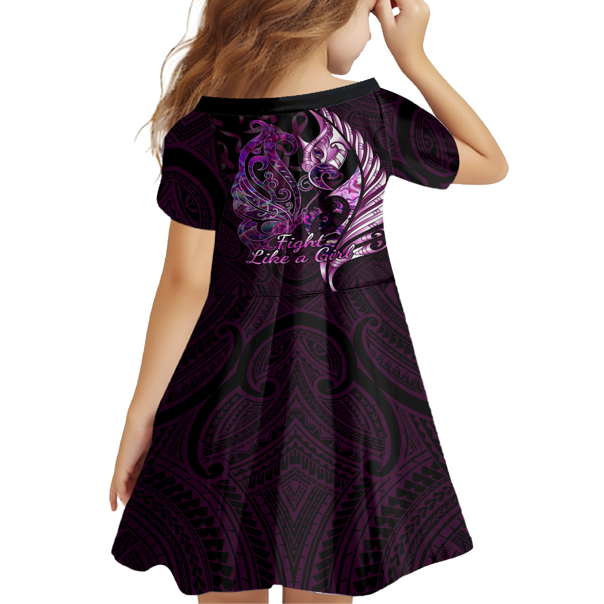 Personalised New Zealand Breast Cancer Kid Short Sleeve Dress Fight Like A Girl Pink Manaia Fern With Paua Shell LT14 - Polynesian Pride