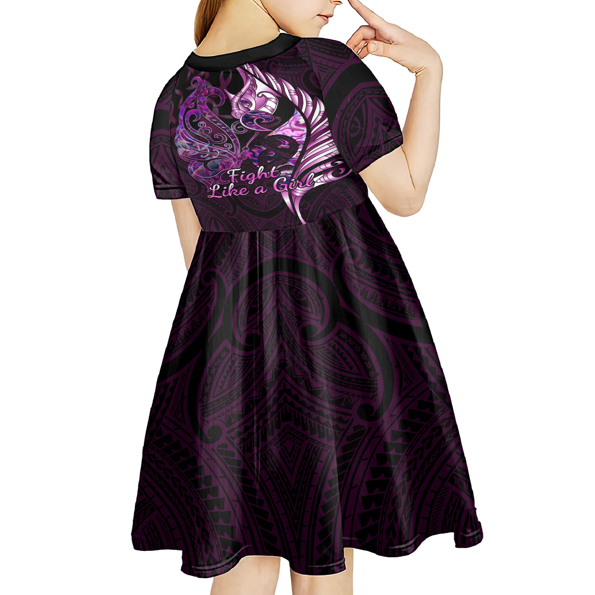 Personalised New Zealand Breast Cancer Kid Short Sleeve Dress Fight Like A Girl Pink Manaia Fern With Paua Shell LT14 - Polynesian Pride