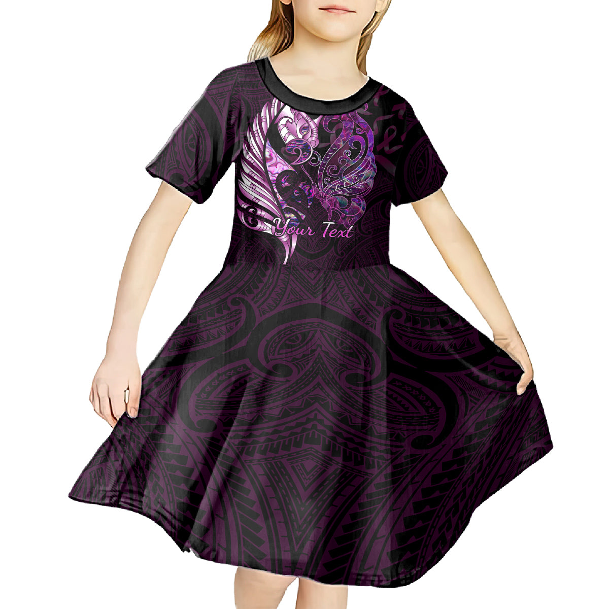 Personalised New Zealand Breast Cancer Kid Short Sleeve Dress Fight Like A Girl Pink Manaia Fern With Paua Shell LT14 - Polynesian Pride