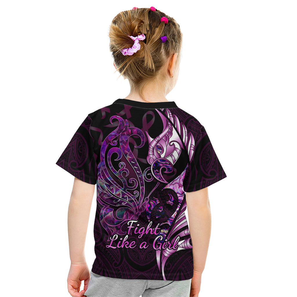 Personalised New Zealand Breast Cancer Kid T Shirt Fight Like A Girl Pink Manaia Fern With Paua Shell LT14 - Polynesian Pride