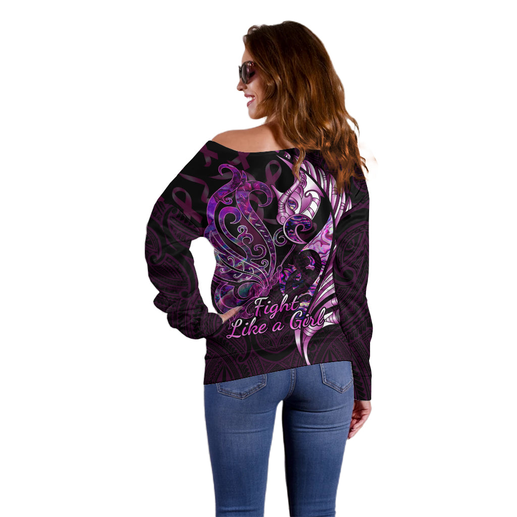 Personalised New Zealand Breast Cancer Off Shoulder Sweater Fight Like A Girl Pink Manaia Fern With Paua Shell LT14 - Polynesian Pride
