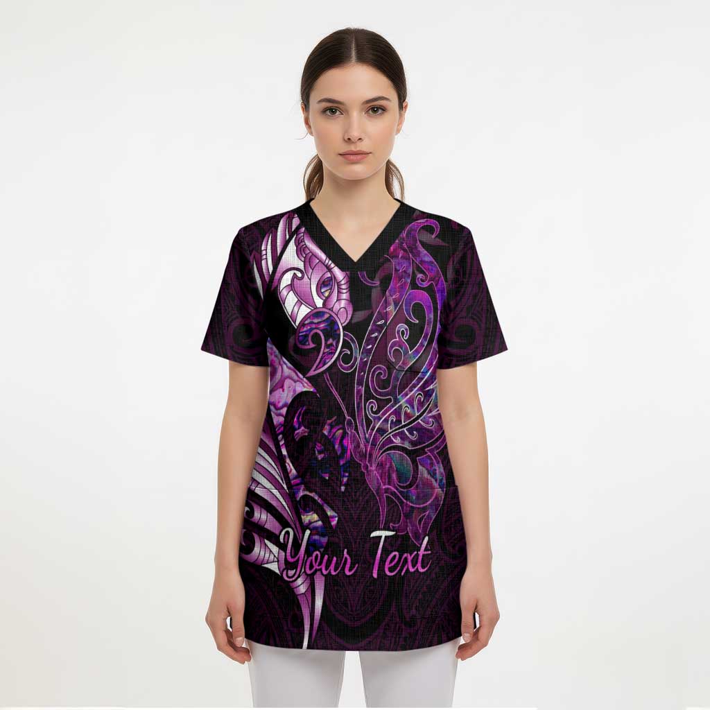 Personalised New Zealand Breast Cancer Scrub Top Fight Like A Girl Pink Manaia Fern With Paua Shell - Polynesian Pride