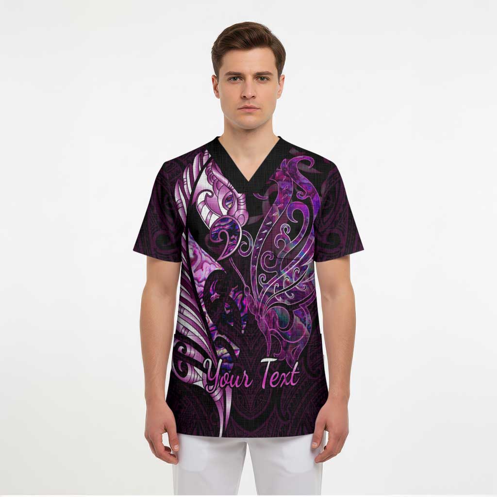 Personalised New Zealand Breast Cancer Scrub Top Fight Like A Girl Pink Manaia Fern With Paua Shell - Polynesian Pride