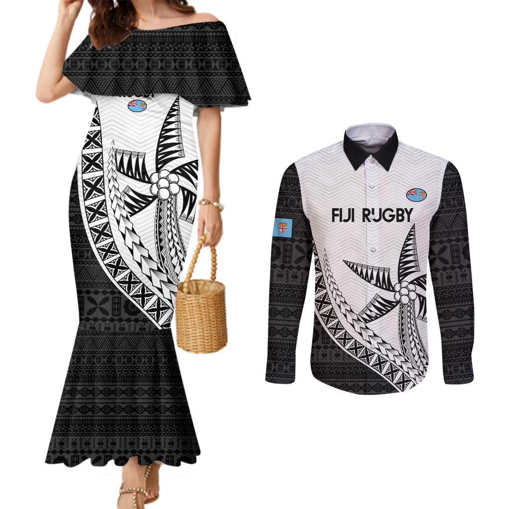 Custom Fiji Rugby Couples Matching Mermaid Dress and Long Sleeve Button Shirt Go Champions Fijian Tapa Cloth LT14 White - Polynesian Pride