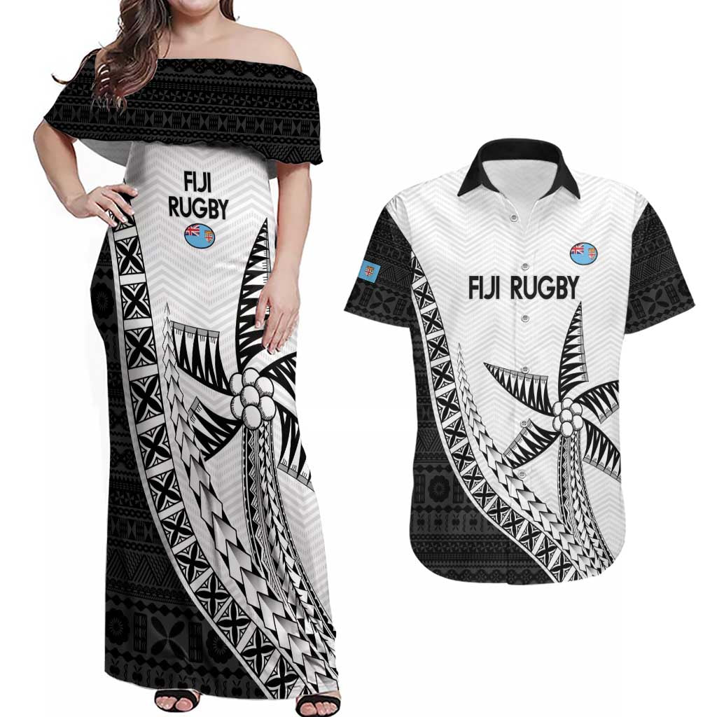 Custom Fiji Rugby Couples Matching Off Shoulder Maxi Dress and Hawaiian Shirt Go Champions Fijian Tapa Cloth LT14 White - Polynesian Pride