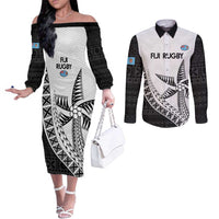 Custom Fiji Rugby Couples Matching Off The Shoulder Long Sleeve Dress and Long Sleeve Button Shirt Go Champions Fijian Tapa Cloth LT14 White - Polynesian Pride