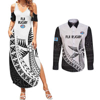 Custom Fiji Rugby Couples Matching Summer Maxi Dress and Long Sleeve Button Shirt Go Champions Fijian Tapa Cloth LT14 White - Polynesian Pride