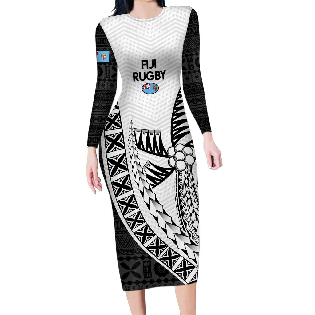 Custom Fiji Rugby Family Matching Long Sleeve Bodycon Dress and Hawaiian Shirt Go Champions Fijian Tapa Cloth LT14 Mom's Dress White - Polynesian Pride