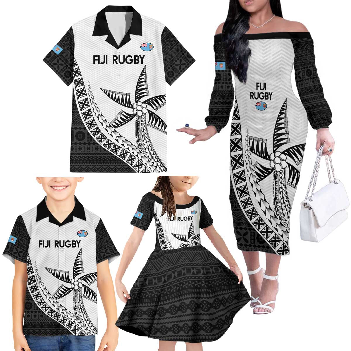 Custom Fiji Rugby Family Matching Off The Shoulder Long Sleeve Dress and Hawaiian Shirt Go Champions Fijian Tapa Cloth LT14 - Polynesian Pride