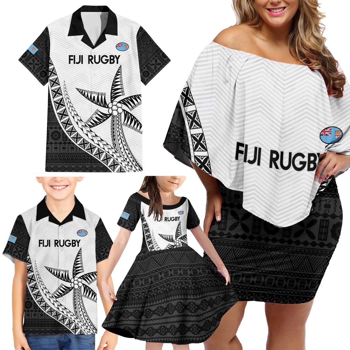 Custom Fiji Rugby Family Matching Off Shoulder Short Dress and Hawaiian Shirt Go Champions Fijian Tapa Cloth LT14 - Polynesian Pride