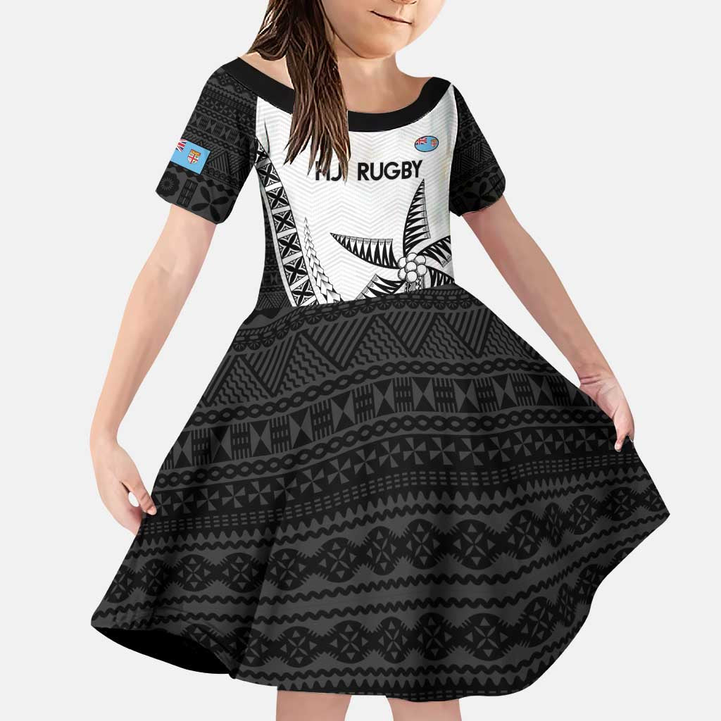 Custom Fiji Rugby Family Matching Puletasi and Hawaiian Shirt Go Champions Fijian Tapa Cloth LT14 Daughter's Dress White - Polynesian Pride