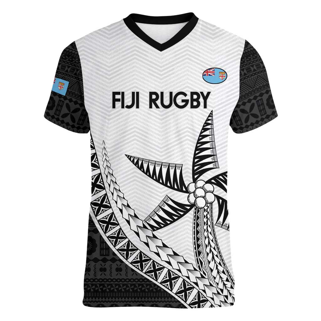 Custom Fiji Rugby Women V-Neck T-Shirt Go Champions Fijian Tapa Cloth LT14 Female White - Polynesian Pride