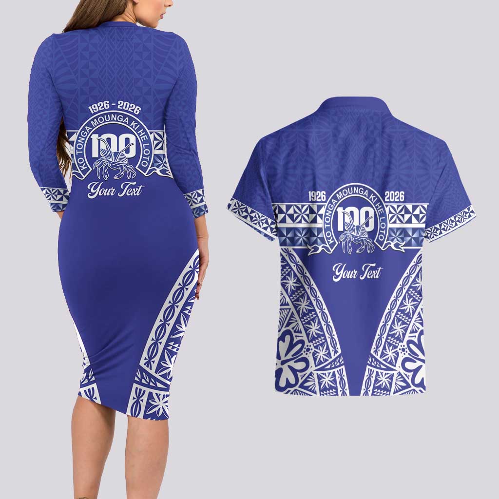 Personalised Queen Salote College Couples Matching Long Sleeve Bodycon Dress and Hawaiian Shirt Kolisi Fefine 100th Anniversary Kupesi Blue LT14 - Polynesian Pride