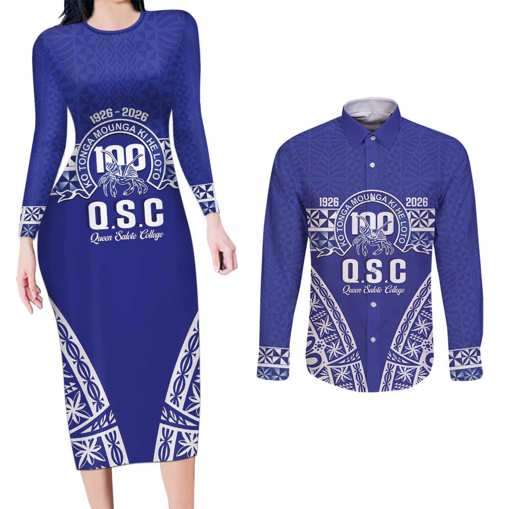 Personalised Queen Salote College Couples Matching Long Sleeve Bodycon Dress and Long Sleeve Button Shirt Kolisi Fefine 100th Anniversary Kupesi Blue LT14 Blue - Polynesian Pride