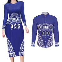 Personalised Queen Salote College Couples Matching Long Sleeve Bodycon Dress and Long Sleeve Button Shirt Kolisi Fefine 100th Anniversary Kupesi Blue LT14 Blue - Polynesian Pride