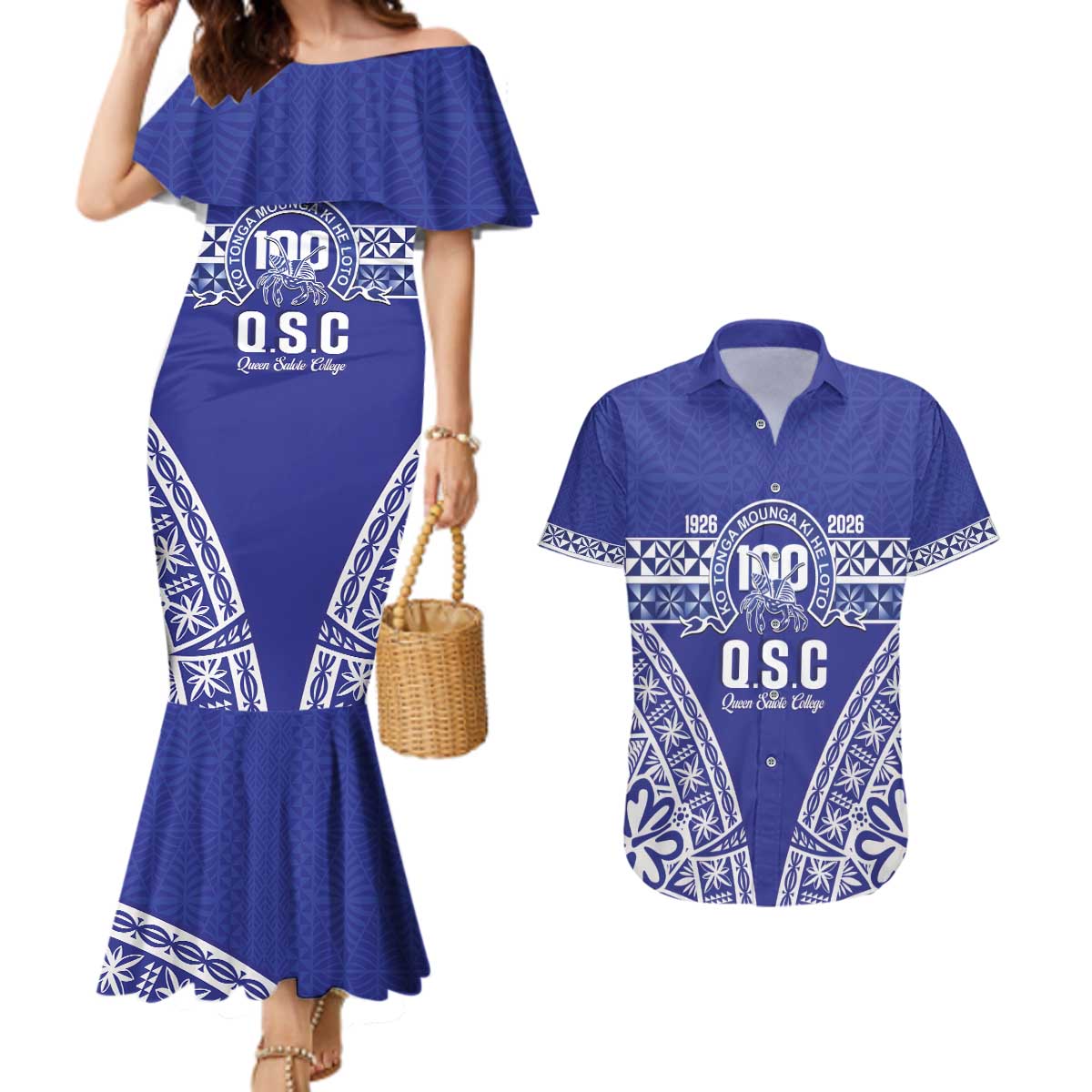 Personalised Queen Salote College Couples Matching Mermaid Dress and Hawaiian Shirt Kolisi Fefine 100th Anniversary Kupesi Blue LT14 Blue - Polynesian Pride