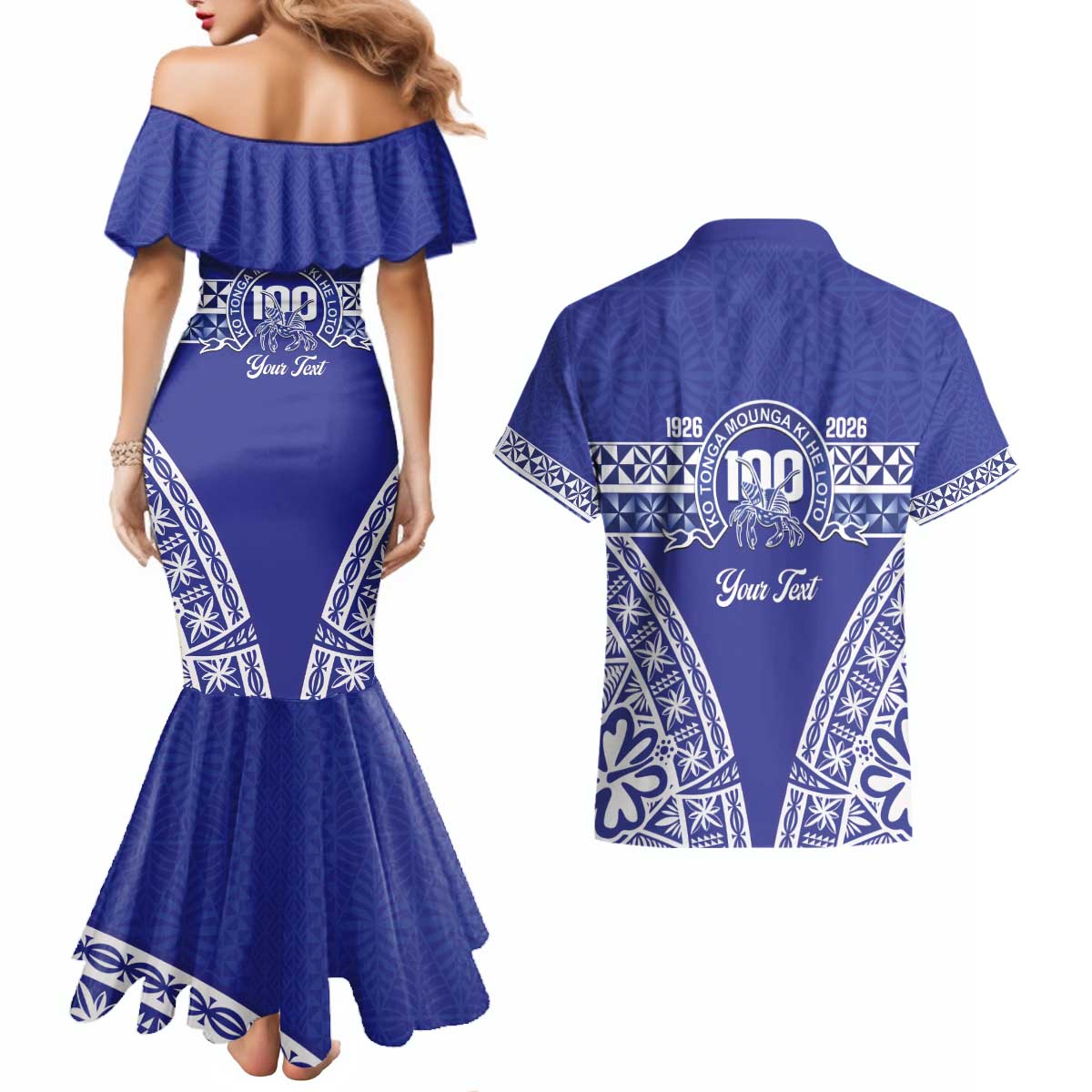 Personalised Queen Salote College Couples Matching Mermaid Dress and Hawaiian Shirt Kolisi Fefine 100th Anniversary Kupesi Blue LT14 - Polynesian Pride