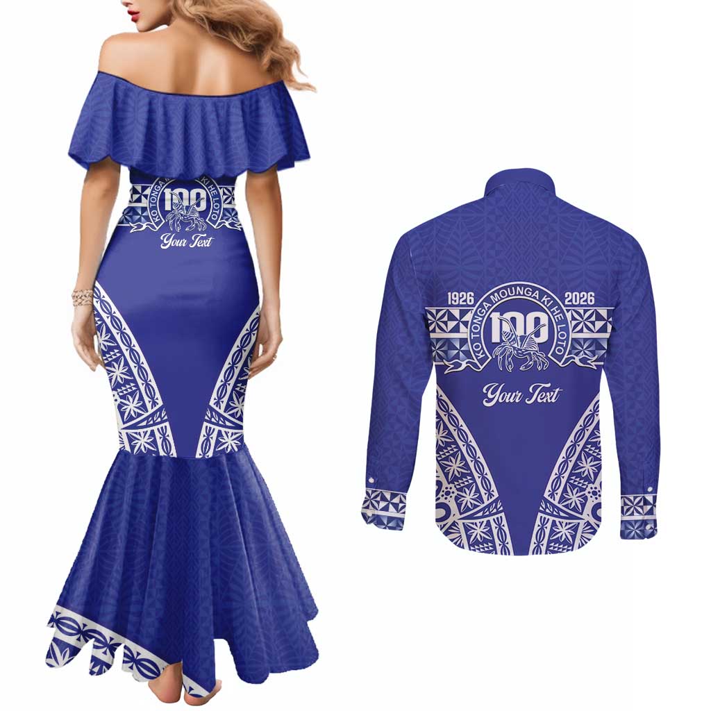 Personalised Queen Salote College Couples Matching Mermaid Dress and Long Sleeve Button Shirt Kolisi Fefine 100th Anniversary Kupesi Blue LT14 - Polynesian Pride