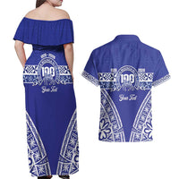 Personalised Queen Salote College Couples Matching Off Shoulder Maxi Dress and Hawaiian Shirt Kolisi Fefine 100th Anniversary Kupesi Blue LT14 - Polynesian Pride