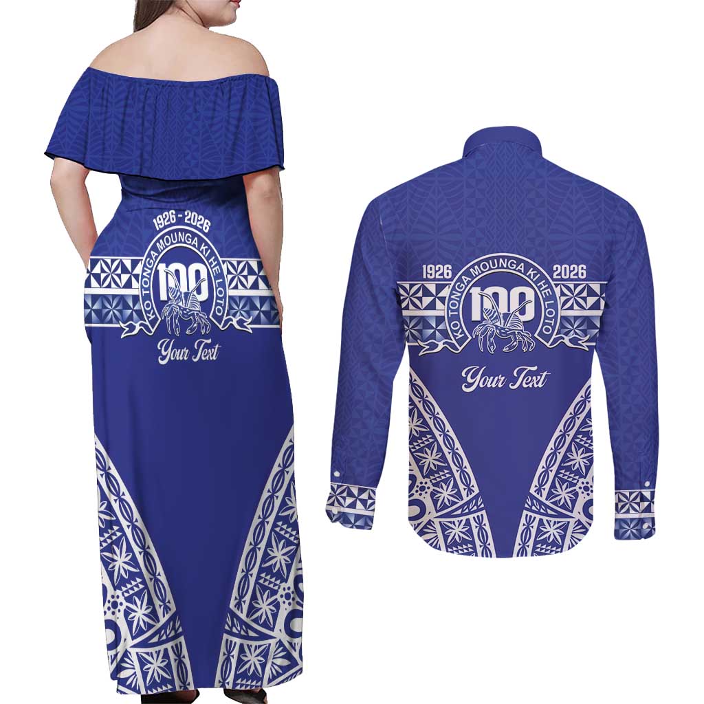 Personalised Queen Salote College Couples Matching Off Shoulder Maxi Dress and Long Sleeve Button Shirt Kolisi Fefine 100th Anniversary Kupesi Blue LT14 - Polynesian Pride