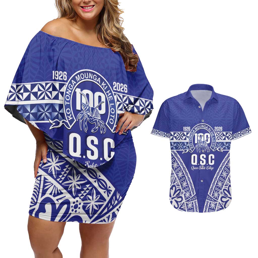 Personalised Queen Salote College Couples Matching Off Shoulder Short Dress and Hawaiian Shirt Kolisi Fefine 100th Anniversary Kupesi Blue LT14 Blue - Polynesian Pride