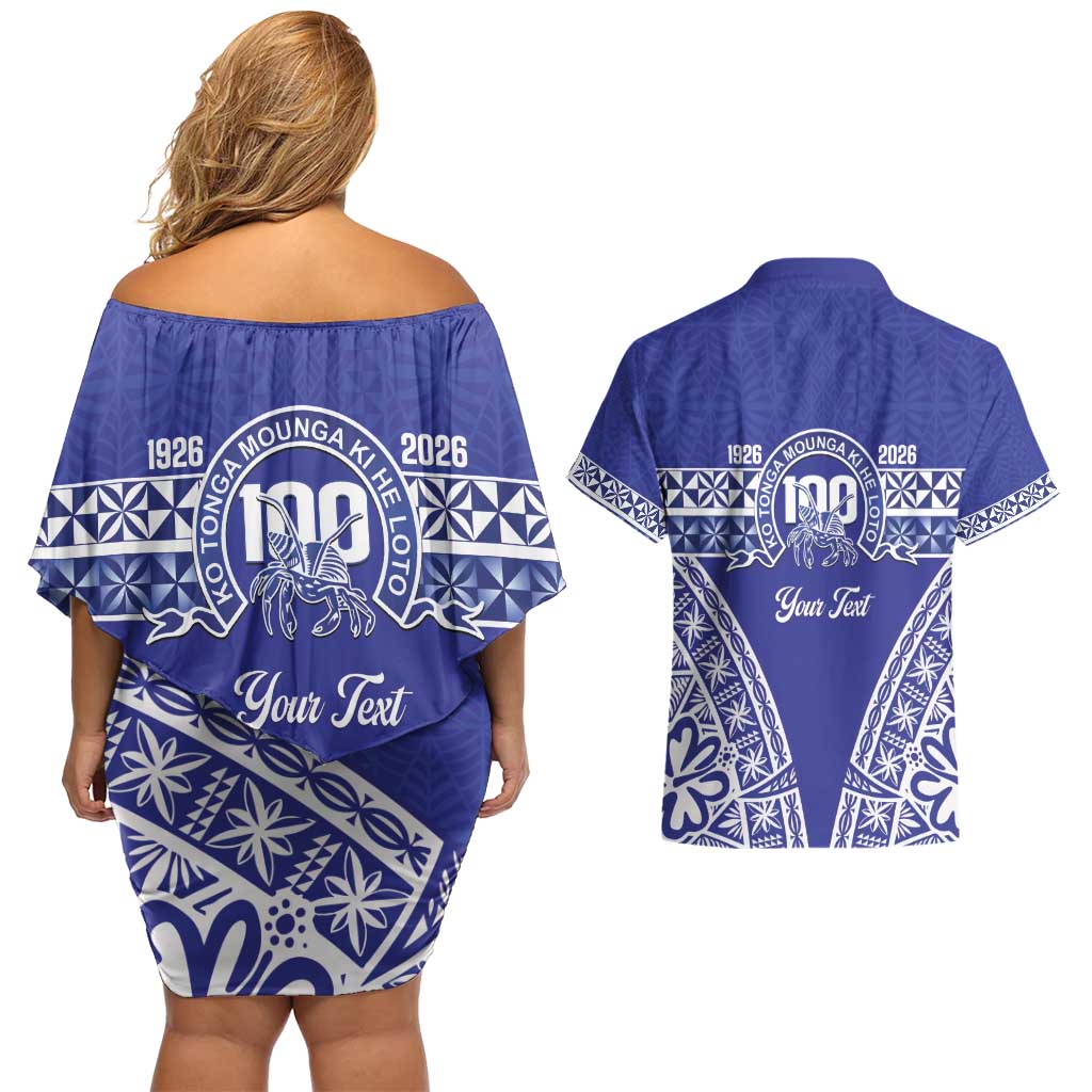 Personalised Queen Salote College Couples Matching Off Shoulder Short Dress and Hawaiian Shirt Kolisi Fefine 100th Anniversary Kupesi Blue LT14 - Polynesian Pride