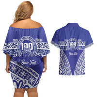 Personalised Queen Salote College Couples Matching Off Shoulder Short Dress and Hawaiian Shirt Kolisi Fefine 100th Anniversary Kupesi Blue LT14 - Polynesian Pride