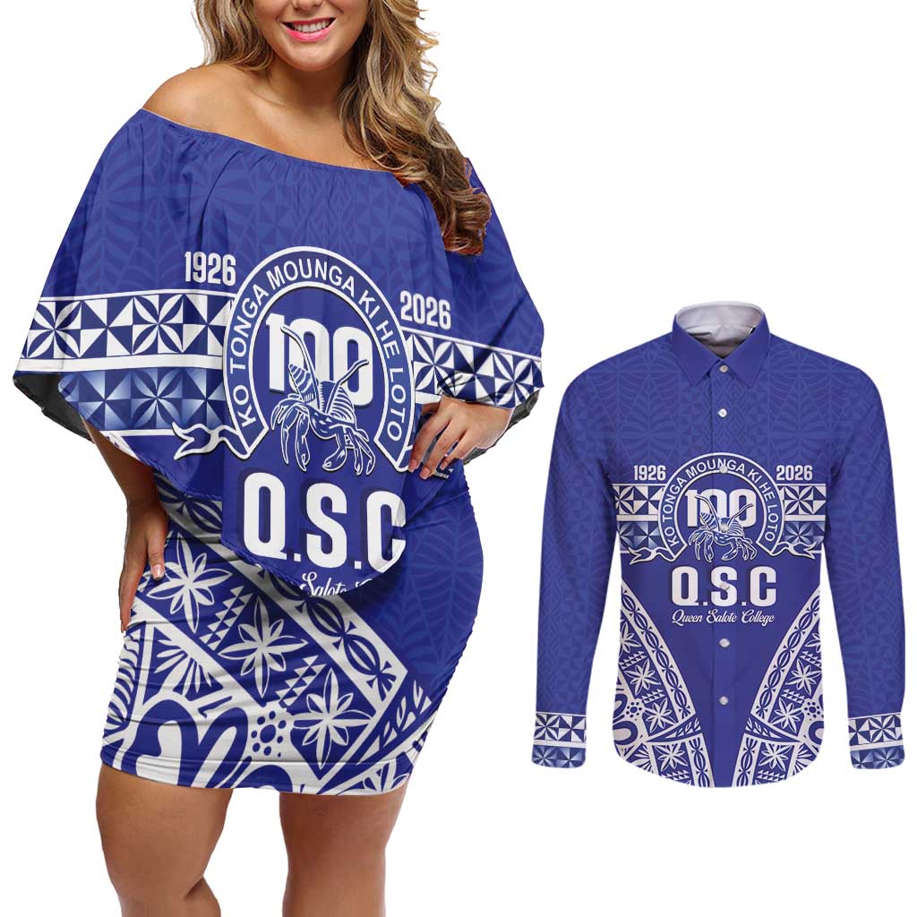 Personalised Queen Salote College Couples Matching Off Shoulder Short Dress and Long Sleeve Button Shirt Kolisi Fefine 100th Anniversary Kupesi Blue LT14 Blue - Polynesian Pride