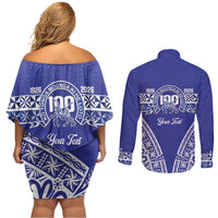 Personalised Queen Salote College Couples Matching Off Shoulder Short Dress and Long Sleeve Button Shirt Kolisi Fefine 100th Anniversary Kupesi Blue LT14 - Polynesian Pride